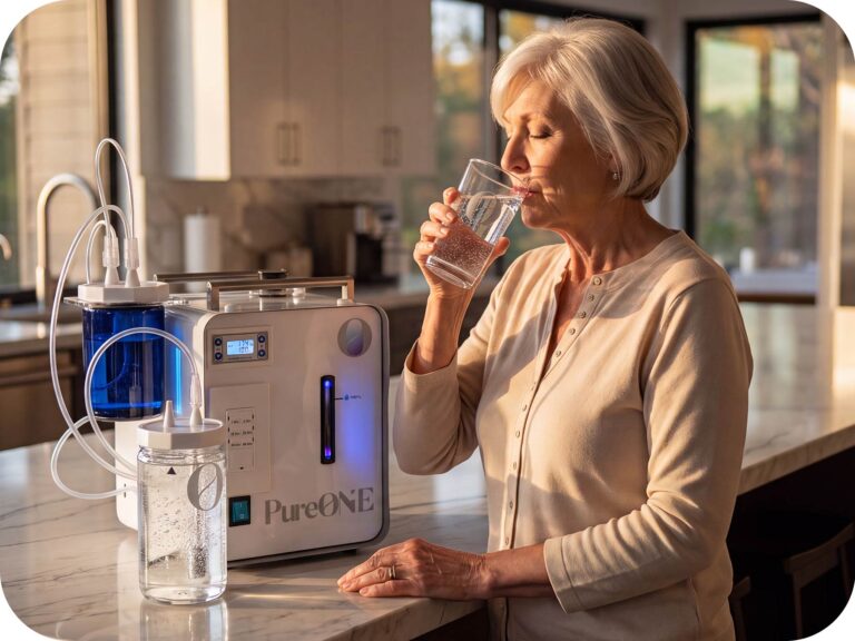 Mujer bebiendo agua hidrogenada preparada con PureOne